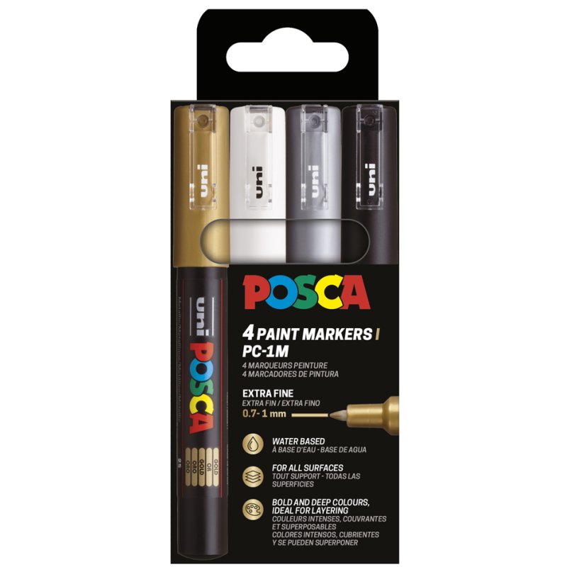 POSCA marqueurs à pigments PC1MC, 0,7-1,0 mm, noir/blanc/or/argent, 4 pièces